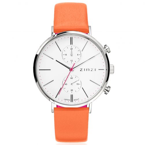 ZINZI Traveller horloge witte wijzerplaat en kast oranje leren band 39mm dual time ZIW706O