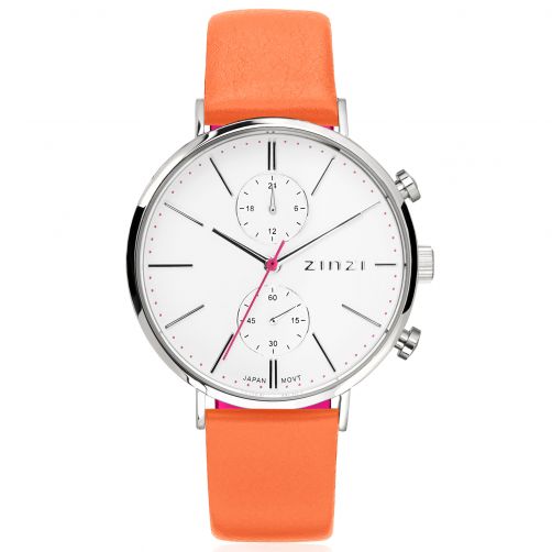 ZINZI Traveller Watch 39mm White Dial Stainless Steel Case and Orange Leather Strap with dual time ZIW706M