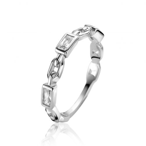 ZINZI Sterling Silver Stackable Ring Paperclip Chains and 3 Rectangular Settings Set with White Zirconia ZIR2427