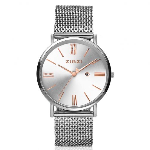 ZINZI Roman Watch 34mm Silver and Rose Gold Colored Dial Stainless Steel Case and Mesh Strap  ZIW512M