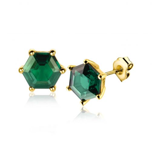 7mm ZINZI Gold Plated Sterling Silver Stud Earrings Hexagon with Green Color Stone ZIO2259G