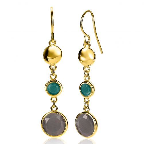 50mm ZINZI Gold Plated Sterling Silver Drop Earrings Coin Round Green Grey Stones ZIO2108