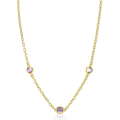 ZINZI Gold Plated Sterling Silver Chain Necklace with Round and Square Settings with Pastel and Purple Color Stone 42-45cm ZIC2525G
