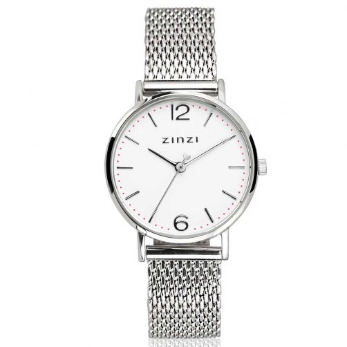 ZINZI Lady horloge witte wijzerplaat stalen kast stalen mesh band 28mm extra dun ZIW606M