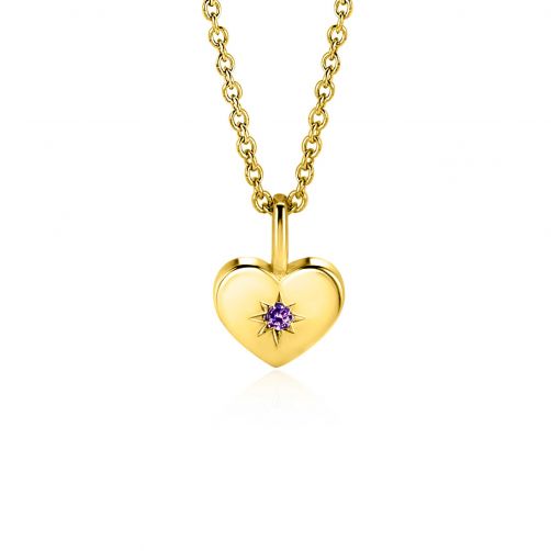 FEBRUARY Pendant 12mm Gold Plated Heart Birthstone Purple Amethyst Zirconia (excl. necklace)