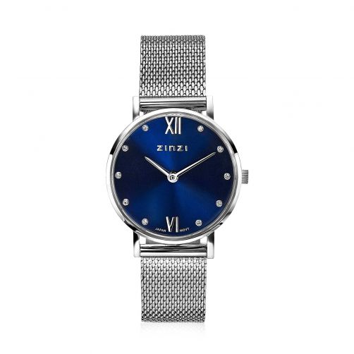 ZINZI Lady Crystal horloge donkerblauwe wijzerplaat en kast stalen mesh band, witte crystals bij uuraanduiding, 28mm extra dun ZIW630M
