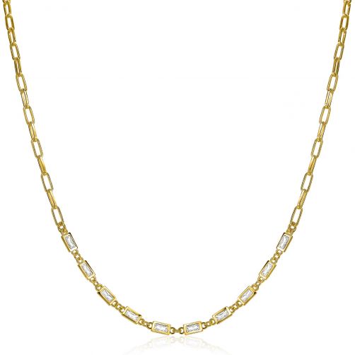 ZINZI zilveren ketting 45cm in 14K geel verguld met paperclip schakels en baguette witte zirconia's ZIC1993G