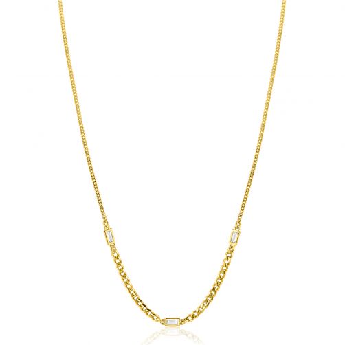 ZINZI Gold Plated Sterling Silver Necklace with Curb Chains in Different Sizes Combined with 3 Rectangular Baguette Cut Zirconias 42-45cm ZIC2410