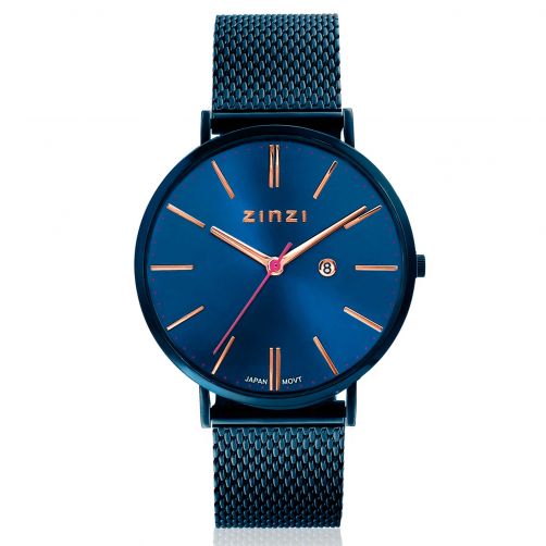 ZINZI Retro Watch Blue and Rose Gold Colored Dial Blue Stainless Steel Case and Mesh Strap 38mm  ZIW414M