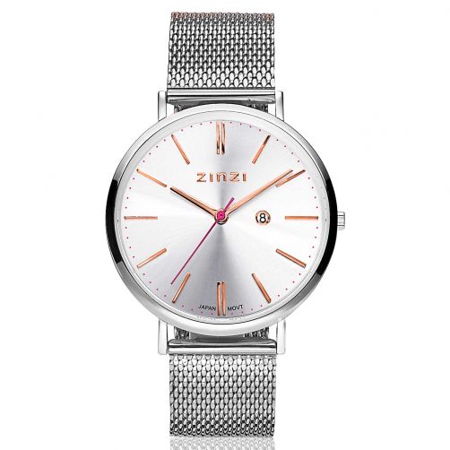 ZINZI Retro Watch Silver and Rose Gold Colored Dial Silver Colored Stainless Steel Case and Mesh Strap 38mm  ZIW412M