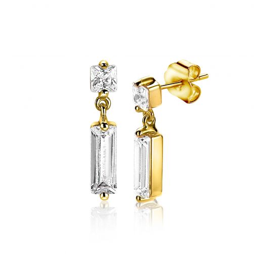 15mm ZINZI Gold Plated Sterling Silver Earrings Baguette White Zirconias ZIO2056Y