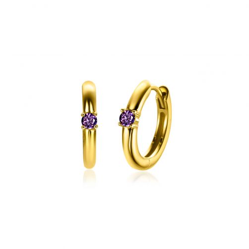 FEBRUARY Hoop Earrings 13mm Gold Plated with Birthstone Purple Amethyst Zirconia