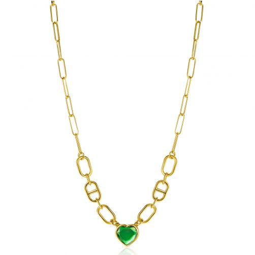 ZINZI Gold Plated Sterling Silver Necklace Trendy Oval and Marine Chain with Heart Pendant Set with Green Color Stone 39-43cm ZIC-BF68