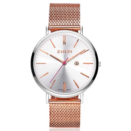 ZINZI Retro horloge zilver gekleurde wijzerplaat en kast  met rosé wijzers stalen roségoudkleurige mesh band 38mm extra dun ZIW412MR