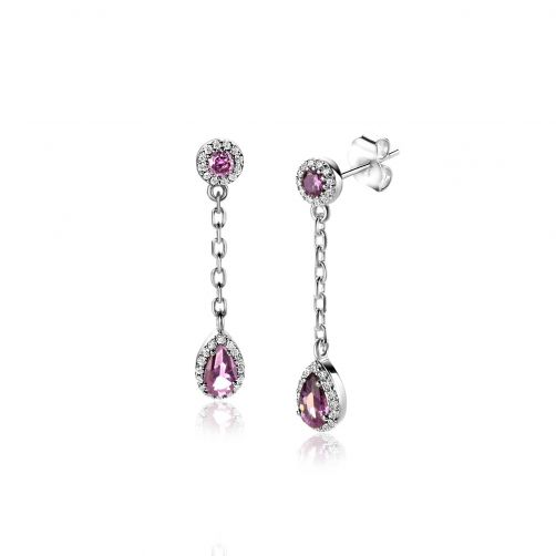 25mm ZINZI Sterling Silver Stud Earrings with White Zirconias, Chain and Dangling Purple Color Stone ZIO2561