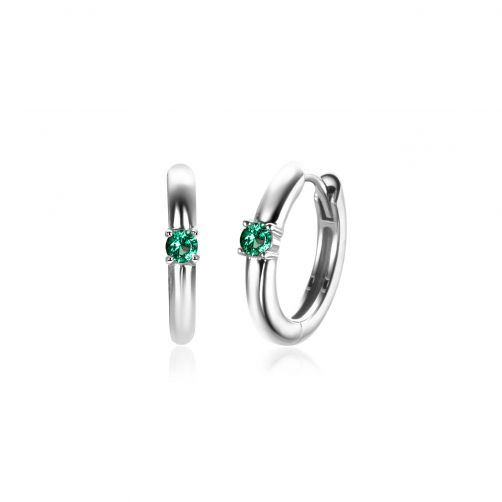 May Hoop Earrings 13mm Sterling Silver with Birthstone Green Emerald Zirconia