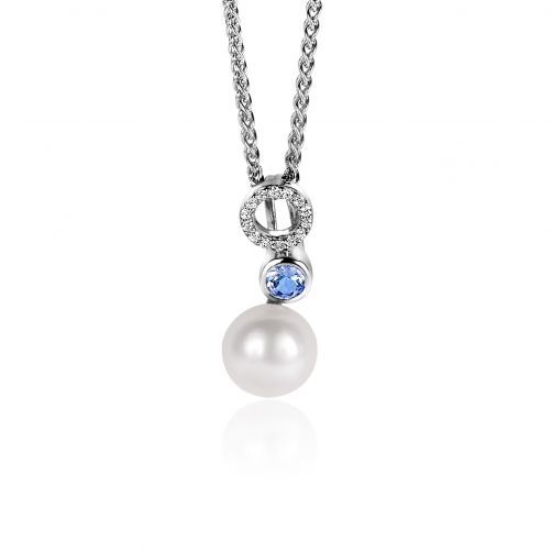 20mm ZINZI Sterling Silver Pendant White Pearl, Round Light Blue Color Stone and Open Circle Set with White Zirconias ZIH2442 (excl. necklace)