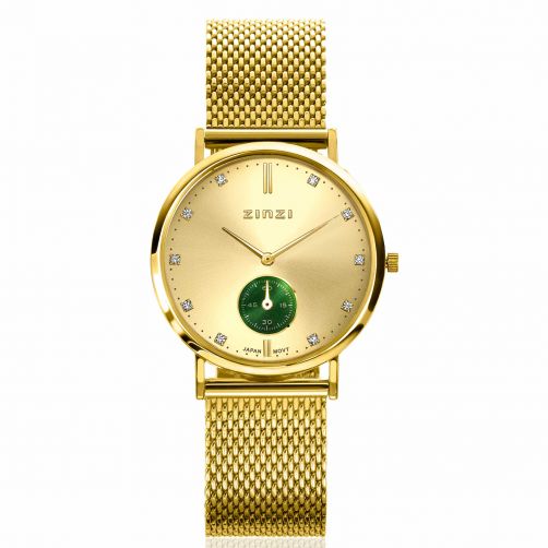 ZINZI Glam Watch 34mm Green Dial with White Crystals Gold Colored Stainless Steel Case and Mesh Strap  ZIW535M