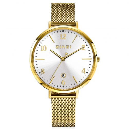 ZINZI Watch SOPHIE 38mm Silver Colored Dial with Date Gold Colored Stainless Steel Case and Mesh Strap 14mm ZIW1433
