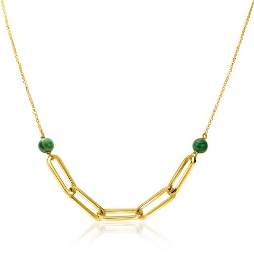 ZINZI Gold Plated Sterling Silver Necklace with Paperclip Chain and 2 Beads in Green Color Stone 41-43cm ZIC-BF92