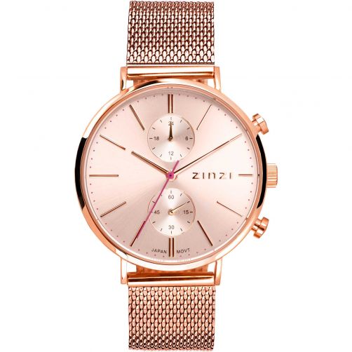 ZINZI Traveller horloge roségoudkleurige wijzerplaat en kast stalen mesh band roségoudkleurig 39mm dual time ZIW705M
