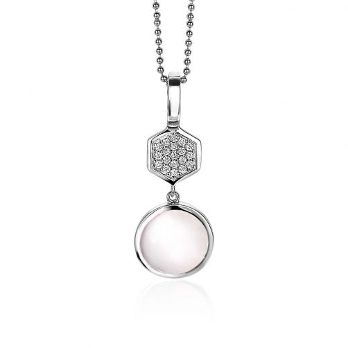 33mm ZINZI Sterling Silver Pendant Round Mother-of-Pearl Hexagon White Zirconias ZIH2011