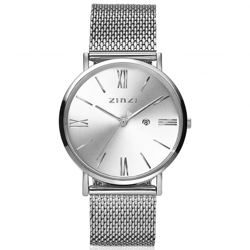 ZINZI Roman horloge zilvergekleurde wijzerplaat en kast stalen mesh band 34mm extra dun ZIW502M