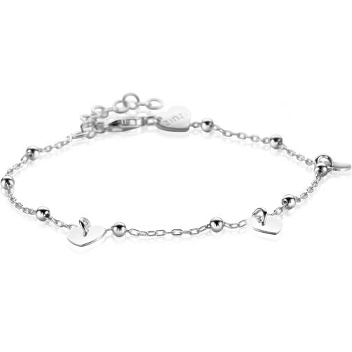 ZINZI Sterling Silver Chain Bracelet with Beads and 3 Shiny Heart Charms 17-20cm ZIA2531