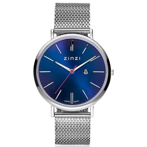 Zinzi Retro horloge donkerblauwe wijzerplaat stalen kast zilvergekleurd stalen mesh band zilvergekleurd 38mm extra dun ZIW403M
