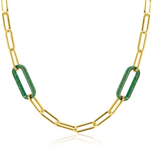 ZINZI Gold Plated Sterling Silver Luxury Necklace with Paperclip Chains and 2 Large Trendy Oval Chains in Malachite Green 43cm ZIC2488