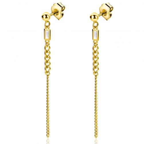 56mm ZINZI Gold Plated Sterling Silver Earrings with Curb Chain and Rectangular Setting with White Zirconia ZIO2410