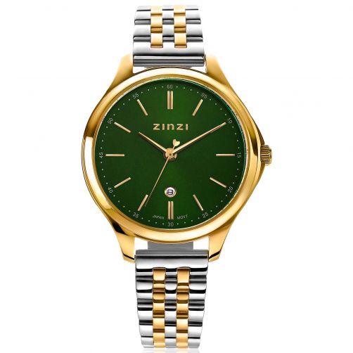 ZINZI Classy Watch 34mm Green Dial Gold Colored Stainless Steel Case and Bicolor Strap with Date ZIW1035