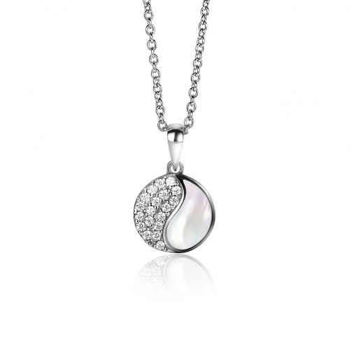 18mm ZINZI Sterling Silver Yin Yang Pendant Round Set with Mother-of-Pearl and White Zirconias ZIH2423 (excl. necklace)