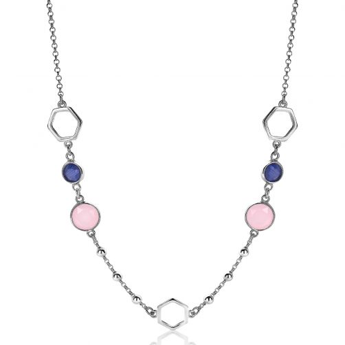 ZINZI Sterling Silver Fantasy Necklace Open Hexagons and Blue and Pink Color Stones 45cm ZIC2002