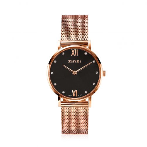 ZINZI Lady Crystal horloge zwarte wijzerplaat en roségoudkleurige kast stalen mesh band, witte crystals bij uuraanduiding, 28mm extra dun ZIW632M