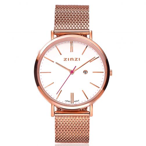 ZINZI Retro horloge witte wijzerplaat stalen kast roségoudgekleurd stalen mesh band roségoudgekleurd 38mm extra dun ZIW408M