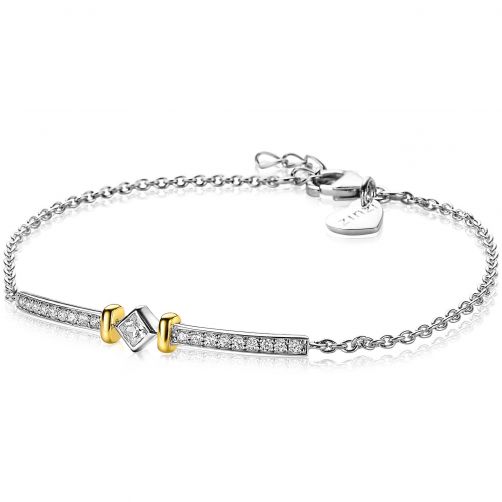 ZINZI Sterling Silver Bicolor Bracelet Bar and Square Setting with White Zirconias 18-20cm ZIA2121