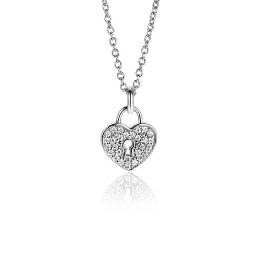 15mm ZINZI Sterling Silver Heart Pendant with Trendy Lock and White Zirconias ZIH2400 (excl. necklace)