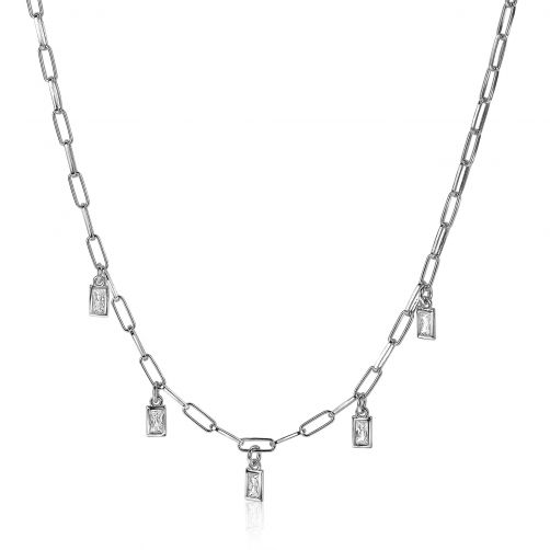 ZINZI Sterling Silver Chain Necklace Paperclip Baguette White Zirconias 40-43cm ZIC2103