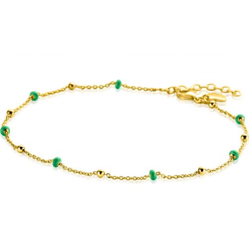 ZINZI Gold Plated Sterling Silver Fantasy Anklet with 7 Green Donuts and Shiny Beads 23+4cm ZIE2509