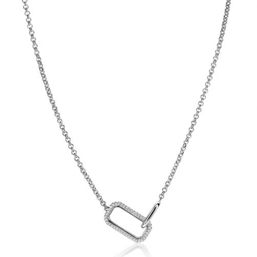 ZINZI Sterling Silver Necklace with 2 Connected Chains: a Rectangular Chain Set with White Zirconias and a Shiny Oval Chain 40-45cm ZIC2551