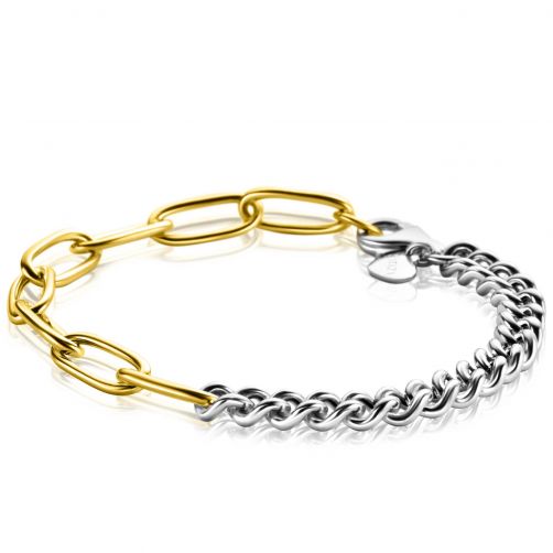 ZINZI Sterling Silver Bicolor Bracelet with Trendy Curb Chain and Gold Plated Oval Chains width 6mm 18,5cm ZIA-BF79