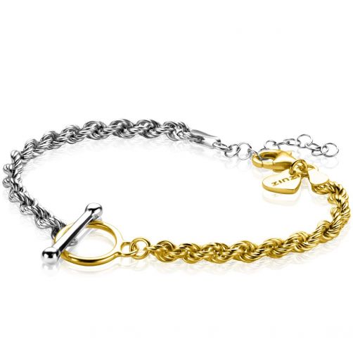 ZINZI Gold Plated Sterling Silver Bracelet Bicolor Rope Chain and Trendy Toggle Clasp 17,5-21cm ZIA2288