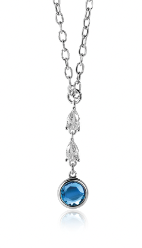 ZINZI Sterling Silver Chain Necklace with Beautiful Pendant (31mm): 2 Triangle Settings with White Zirconias and a Round Blue Color Stone 40-45cm ZIC-BF69