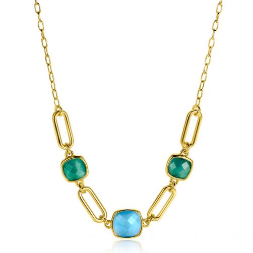 ZINZI Gold Plated Sterling Silver Necklace with Paperclip Chains and Green Turquoise Color Stones ZIC2332