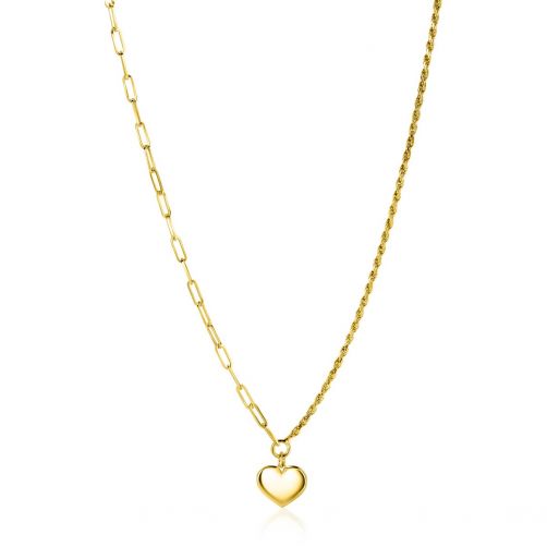 ZINZI Gold Plated Sterling Silver Chain Necklace with 2 Trendy Chains and Smooth Heart Pendant 40-45cm ZIC2381G