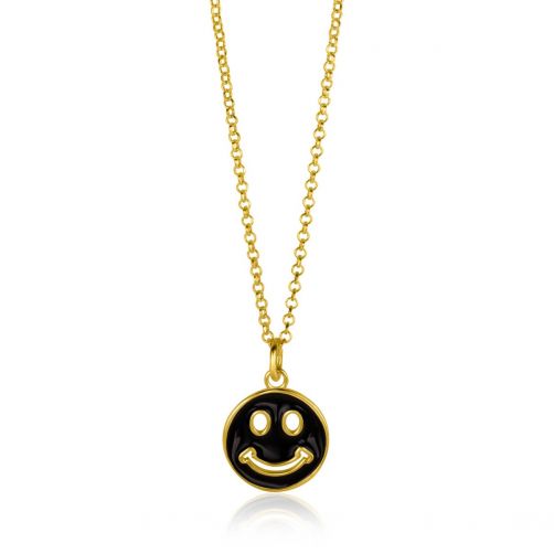 15mm ZINZI Gold Plated Sterling Silver Pendant Smiley Round with Black Enamel ZIH2312Z (excl. necklace)