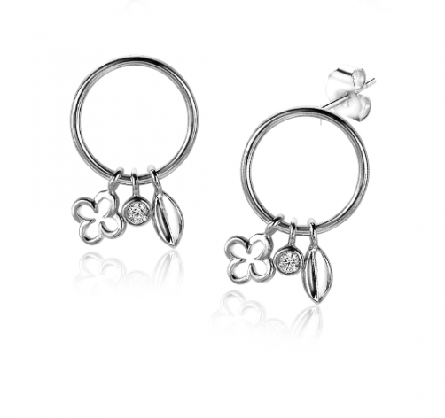 ZINZI Sterling Silver Earrings Open Circle with 3 Fantasy Charms Clover, White Zirconia and Leaf ZIO1875