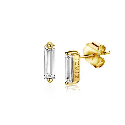 ZINZI zilveren oorknoppen geel verguld 8mm baguette rechthoek wit ZIO2057Y