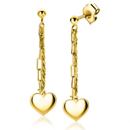52mm ZINZI Gold Plated Sterling Silver Stud Earrings Long with 2 Trendy Chains and Smooth Heart ZIO2381G